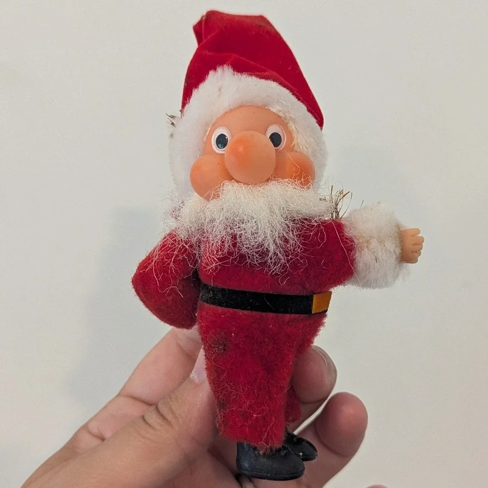 VTG Santa Claus Christmas Ornament/Decor Set of 2 Flocked Rubber Face Pinch